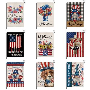 Dubbelsidig linne patriotisk trädgårdsflagga Välkommen självständighetsdag Memorial Firework USA America House Yard Flags Outdoor Indoor Holiday Decorations 12x18inch