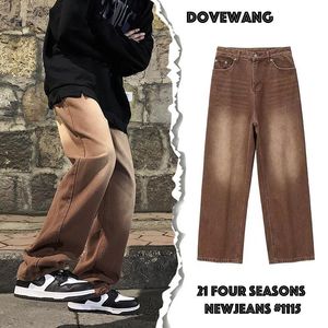 Męskie dżinsy brązowe umyte swobodne cztery sezony proste luźne spodnie Hiphop Streetwear Mopping Gradient szerokie nogi dżinsowe spodnie