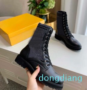 Luxury Designer Woman Black Leather Biker Boots with Stretch Fabric Lady Combat Ankle Boot Flat Shoes