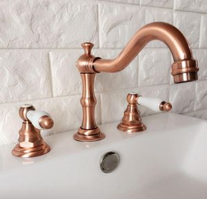 Bathroom Sink Faucets Antique Red Copper Double Ceramic Handle Deck-Mount Three Hole Widespread Bathtub Basin Faucet Mixer Tap Drg040