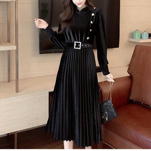 Casual Dresses WKFYY Elegant Velvet Asymmetrical Stand Collar Lantern Sleeve Belt Beading Slim Pleated Maxi Calf Length Long Dress Female D4