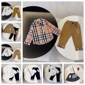 Children's designer spring and autumn new long-sleeved shirt with trousers set letter embroidery check lapel casual fashion children's two-piece set F010