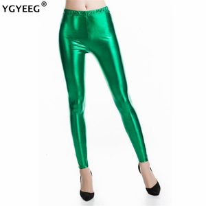 Women's Leggings YGYEEG Punk Rock Style PU Faux Leather Women Leggings Purple Gold Metallic Sexy Bright Sequin Pants Shining Fitness Legging 230404