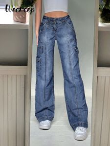 Kvinnors jeans Weekeep Y2K Jeans Streetwear Women High midjan Jeans Wide Leg Pockets Patchwork Baggy Cargo Pants Vintage Denim Capris Fairycore 230404