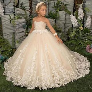 Vestidos da menina pó blush rosa fofo tule smoking manga longa apliques vestido de flor casamento elegante crianças natal aniversário