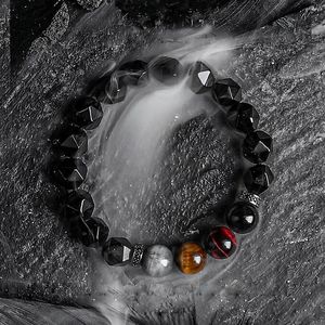 Strand Dark Series Bracelet Men Natural Faceted Obsidian Tiger Eye Stone Beads Energy Copper CZ Pulsera 10MM