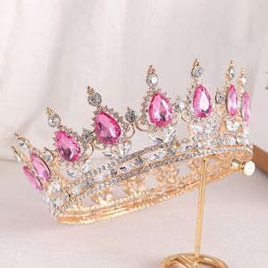 Water Drop Pink Crystal Tiara Crown For Women Princess Tiara Wedding Birthday Party Hair Dress Accessories Jewelry