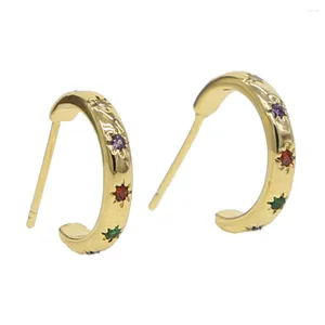 Hoop Earrings Gold Plated Colorful Zircon Star Iced Out Bright Smooth Paved Cubic Zirconia Hip Hop Women Daily Gift Jewelry