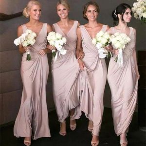 2023 Champagne Bridesmaid Dresses V Neck Straps Ankle Length Beach Plus Size Wedding Guest Gowns Custom Made Formal Evening Wear