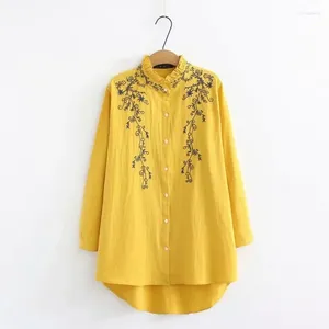 Blusas femininas plus size gola babados manga longa feminina 2023 bordado branco azul escuro amarelo camisa primavera outono senhoras topos