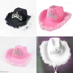 Berretti con finiture in piume e lettere, cappello da cowboy con paillettes, berretto a corona rosa, decorazioni per feste di buon compleanno, decorazioni per bambini, principessa, ballo di fine anno