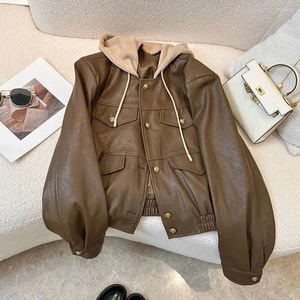 Frauen Leder Herbst Mode Jacke Frauen Casual Mit Kapuze Motorrad Top Lose Retro Faux Kleidung Für PU Oberbekleidung