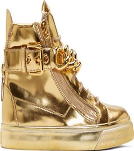 Presente de Natal para Top Marca Designer Toe Homens Tênis Correntes de Ouro Sapatos Masculinos High Top Plus Size