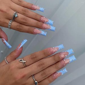 Künstliche Nägel, 24 Stück, künstlich mit Kleber, künstliche Nagelspitzen, blaue französische Designs, abnehmbar, zum Aufdrücken, lange fertig