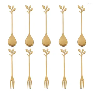 Forks 40spoon 40 Forss Paslanmaz Çelik Yaprak Kahve Kaşık Kaşığı Çatal Tatlı Kaşıkları Teaspoon Set Altın