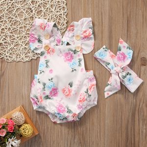 Rompers Citgeett 2pcsSet Summer Cute Infant Baby Girls Floral Sleeveless Romper Headband Sunsuit Clothes Outfits Set SS 230406