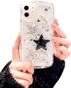 Iphone Case Cute Glitter 3D Stars Crystal Heart Clear With Design Aesthetic Women Teen Girls Pretty Sparkly Cute Case Protective Cover+Crystal Phone Chain 2HSP4