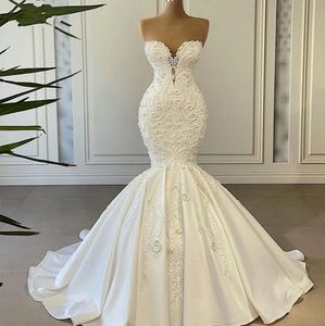 Robe de Mariee Sexig sjöjungfru bröllopsklänning 2024 Sweetheart Tulle spetspärlor Satin kvinnor brudklänningar vestidos de noiva