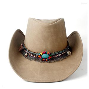 Boinas de couro natural de couro chapéu de cowboy homens homens chapéus para lady tassel inverno ocidental sombrero hatsberets pros22