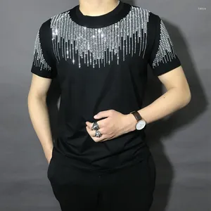 Мужские футболки, мужская одежда, 2023, топ с двойным ремешком и бриллиантами, модная футболка с коротким рукавом и круглым вырезом