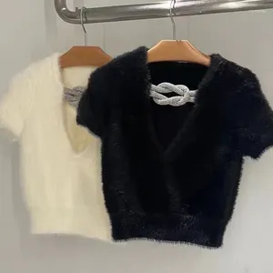 Suéteres femininos 2023 suéter curto de pelúcia com decote em v manga malha top