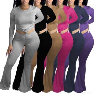 Novo estilo de designer 2024 vestidos moda feminina roupas lazer esportes algodão casa manga longa terno de duas peças calças trompete