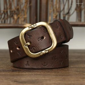 Cinture Cintura da uomo in pura pelle di vacchetta di alta qualità da 3,8 cm con design in rilievo e jeans con fibbia in rame