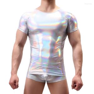 Męskie koszule męskie błyszcząca koszula naśladowanie skórzana o geja zabawny scena metaliczna szczupła fit sexy streetwear fitness tee club odzież