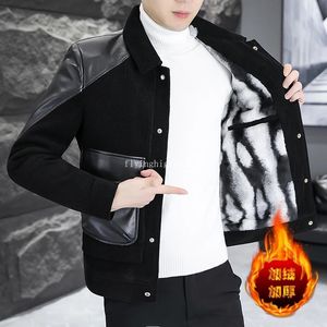 2023 winter Korean Fashion PU Splice Wool Blends Jacket Men Plush and Thicken Casual Business Trench Coat Streetwear Overcoat