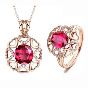 Colar brincos conjunto ociki rosa cor de ouro cz gargantilhas zircônia cúbica coração pingente de cristal vermelho e anéis jóias para presente feminino