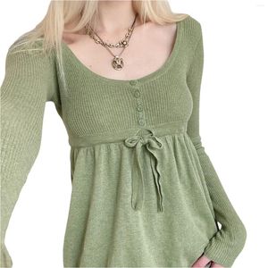Camisetas femininas 2023 mulheres tops vintage knite camiseta sólida cor de manga comprida botões de manga comprida