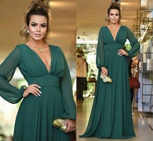 Elegantes Hunter Green A-Linie-Kleid für die Brautmutter, Sommer-Chiffon, sexy V-Ausschnitt, lange Ärmel, formelle Abendparty-Kleider für den Abschlussball