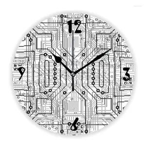 Wall Clocks Minimalist Black White Grey Computer Electronic Circuit Board Decor For Engineer Techie Geeks Engineering Clock Watch