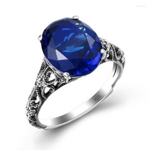 Cluster Rings Charm 925 Серебряное кольцо стерлингового кольца Kpop Blue Sapphire Vintage для женщин неопределенного дизайнера ручной работы Fine Jewelry Retro