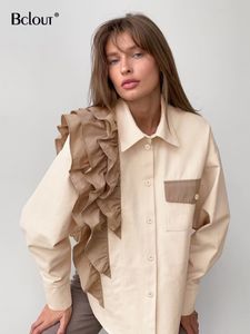 Camicette da donna Camicie Bclout Camicetta con volant in cotone invernale Moda Beige Patchwork a maniche lunghe Elegante da ufficio da donna sciolto 230404