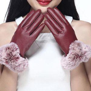 Fem fingrar handskar läder kvinnlig MS med sammet förtjockande pekskärm imitation ull varm