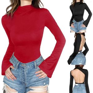 Women's T Shirts Women Long Sleeve Tops Casual Slim Fit Solid Color Backless Pullover Crop T-shirt Streetwear Clubwear