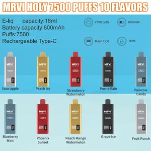 오리지널 mrvi holy 7500 퍼프 퍼프 9000 일회용 전자 담배 특징 메쉬 코일 15ml 일회용 제품 vapes 펜 0% 2% 3% 5% 충전식 vapers desechables