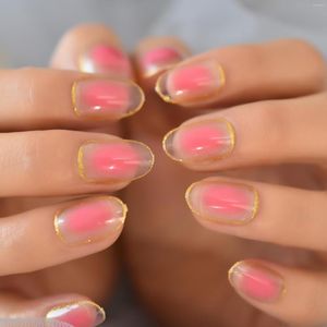 False Nails Golden Glitter Edge Peach Color Simple Design i Medium Short Press On Full Cover Almond Tip Flase Fingernags Art