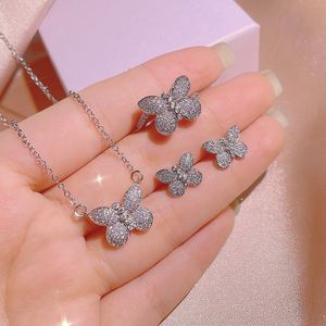 Butterfly Lab Diamond Jewelry set 925 Sterling Silver Wedding Rings Earrings Necklace For Women Bridal Engagement Jewelry Gift