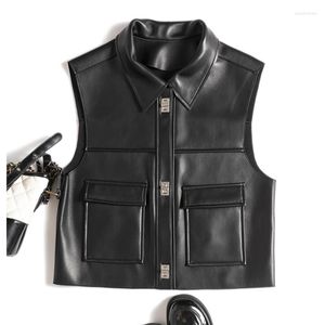 Women's Leather Elegant Intellectual Lapel Vest Femme Real Black Beige Slim Waistcoat Mujer Sweater Manteau Sleeveless Jacket