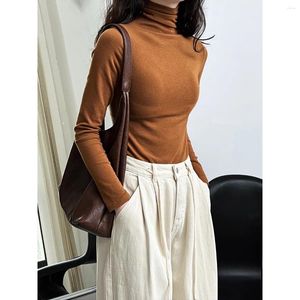 Camiseta feminina macia e cerosa, camiseta de cor sólida no início do outono, modelo básico simples, roupa interna, slim, meia gola alta, camisa de fundo para mulheres