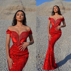 Exquisite Red Mermaid Prom Dresses Tassels Beading Party Dresses Lace Off Shoulder Custom Made Evening Dress