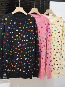 Женские свитера, европейский вокзал, осень-зима, модный цветной вязаный топ с бриллиантами, свободный утягивающий пуловер с круглым вырезом, свитер средней длины