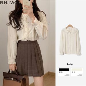 Damenblusen Hemden Frühlingsknöpfe Tops und Blusen Grundlegende Damen Preppy Style Sweet Girl Vintage Peter Pan Collar One Chest Shirt 230406