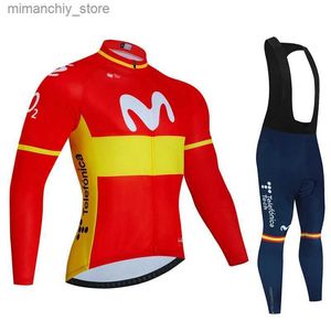 Cykeltröja sätter Spanien Movistar Autumn Long Seve Cycling Jersey Set Bib Pants Ropa Ciclismo Clothing Bike Uniform Men Bicyc Clothes Mailllot Q231107