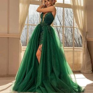 Exquisite Green Luxury Cocktail Ball Gown Prom Dress with Detachable Tail Formal Occasion Sweep Train Evening Dress