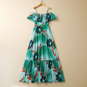 2023 Summer Green Floral Print Paneled Dress Off Shoulder Slash Neck Ruffled Midi Casual Dresses S3A050330 Plus Size XXL