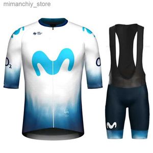Cycling Jersey Sets TDF Movistar Team Cycling Jersey 2023 Set Short Seve Blue Clothing Road Bike Shirts Suit Bicyc Bib Shorts MTB Maillot Ropa Q231107