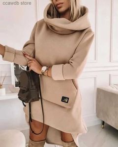 Kvinnors jackor hög hals långärmad tröja casual klänning kvinnor Autumn Winter Hoodie Fashion Loose Mini Dress Pockets T231106